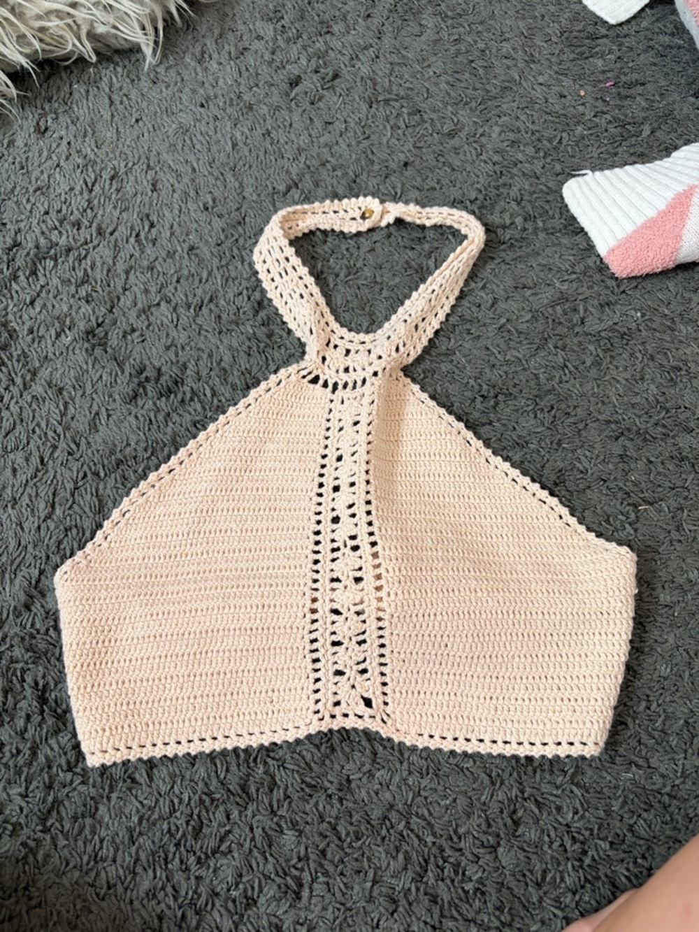 American Eagle Outfitters Beige Crochet Halter Top